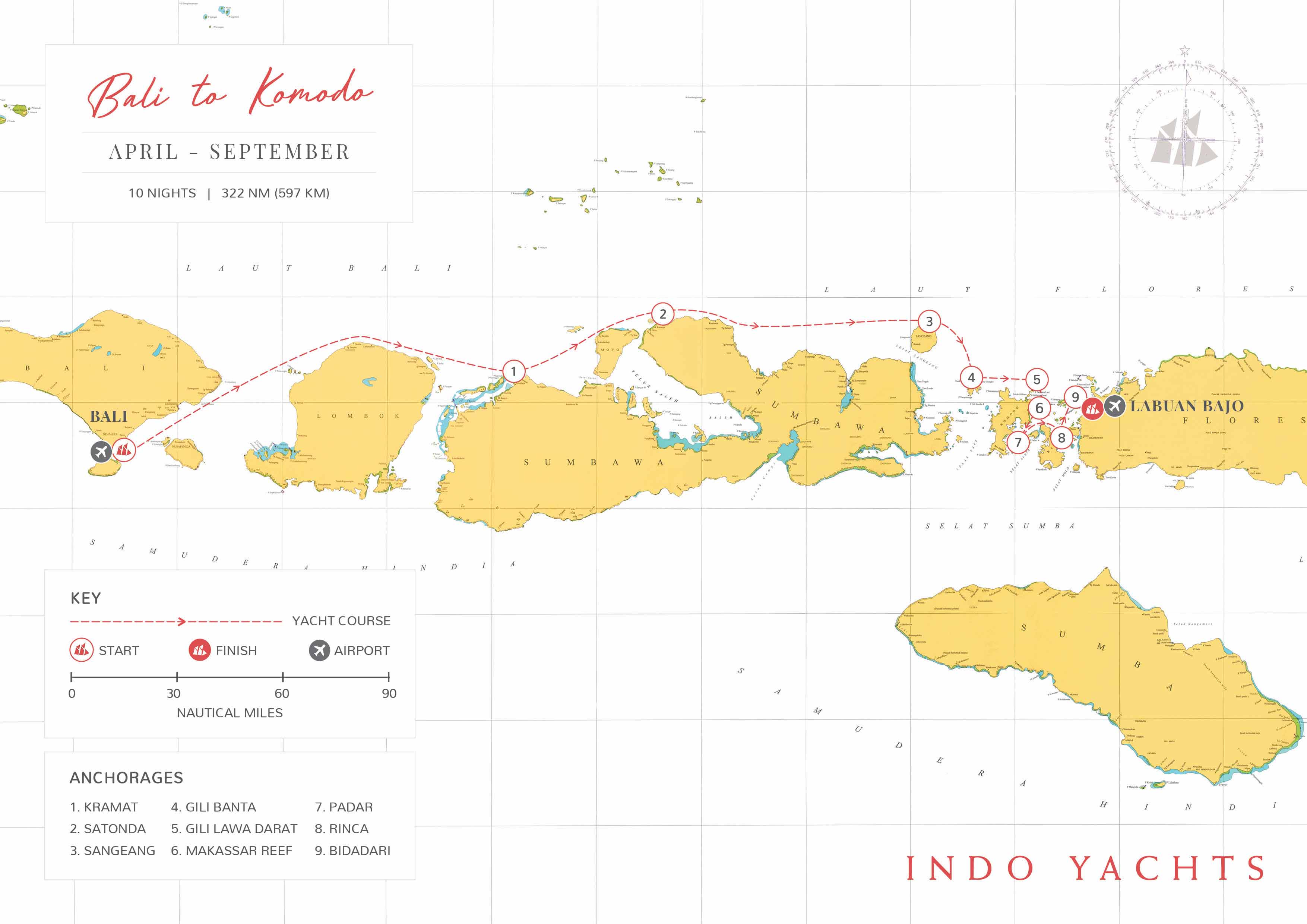 Bali to Komodo private yacht charter map
