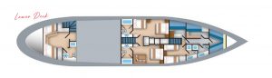 Lower deck plan of the liveaboard charter yacht Pelagian