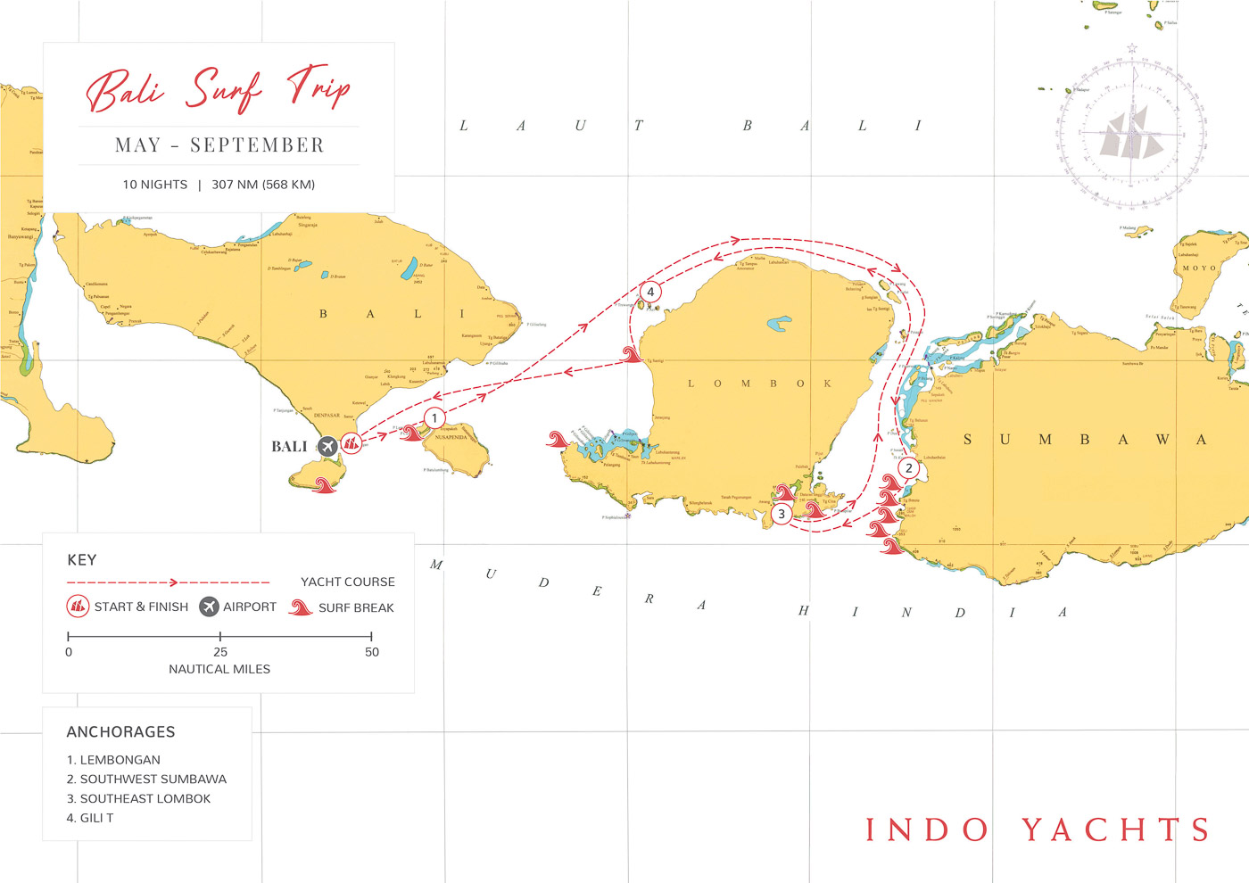 Private Surf Trip 10-night Bali to Lombok to Sumbawa yacht charter itinerary map