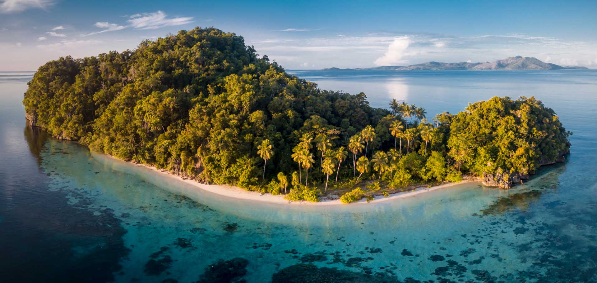 A tropical island lit by golden hour light