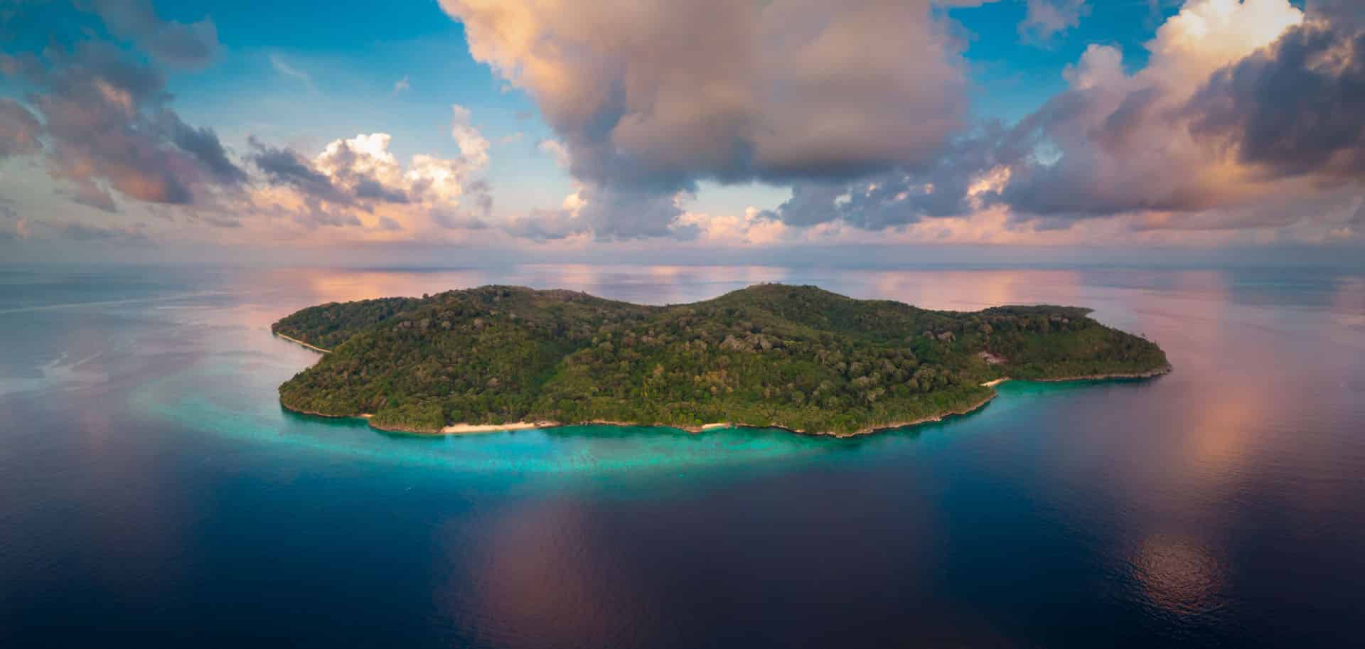 Spice Islands during sunset aerial view